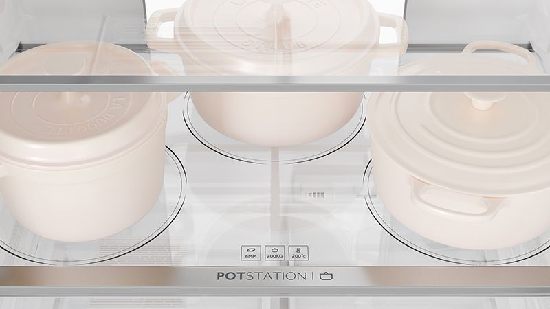 Tough glass shelf for hot, heavy pots