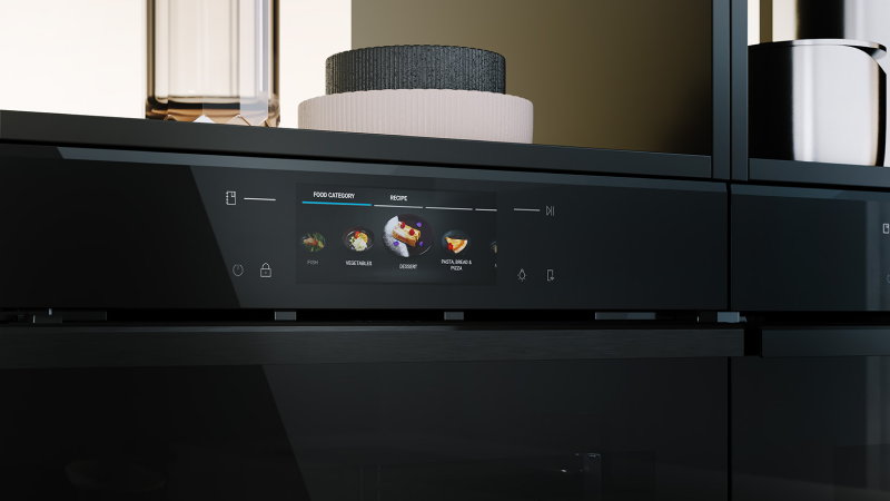 Primo piano di un forno ID Serie , moderno con display digitale che mostra le opzioni FOOD CATEGORY e RECIPE, con icone per VEGETABLES, COOKED e PASTRIES & CAKES; presenti anche pulsanti touch ai lati del display.