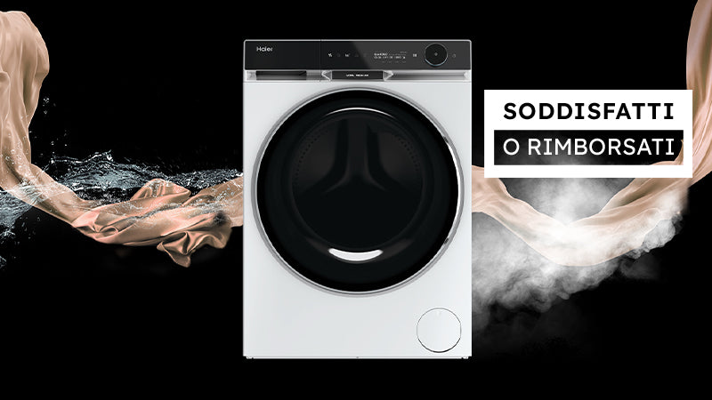 Lavasciuga Haier X Serie 11 con schizzi d'acqua e un telo sul retro con etichetta “Soddisfatti o rimborsati”