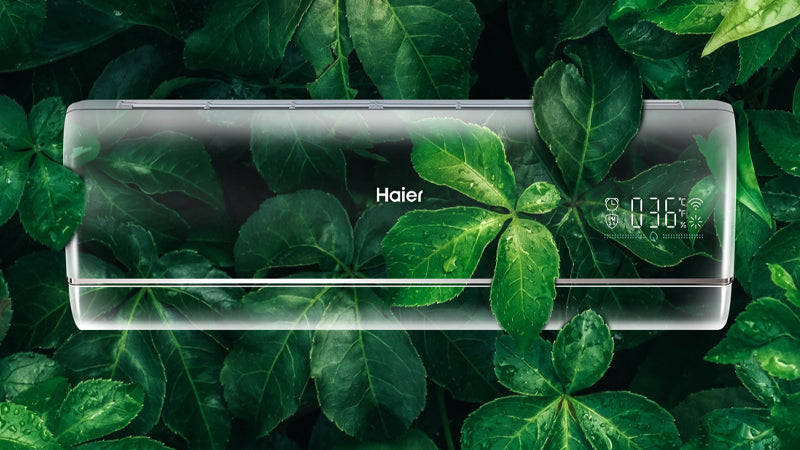 Condizionatore Haier montato a parete, circondato da foglie verdi, simbolo di efficienza energetica e rispetto per l'ambiente