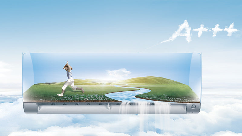 Condizionatore Haier con immagine di una persona che corre su un prato verde, cielo azzurro e nuvole, indicazione della classe energetica A+++