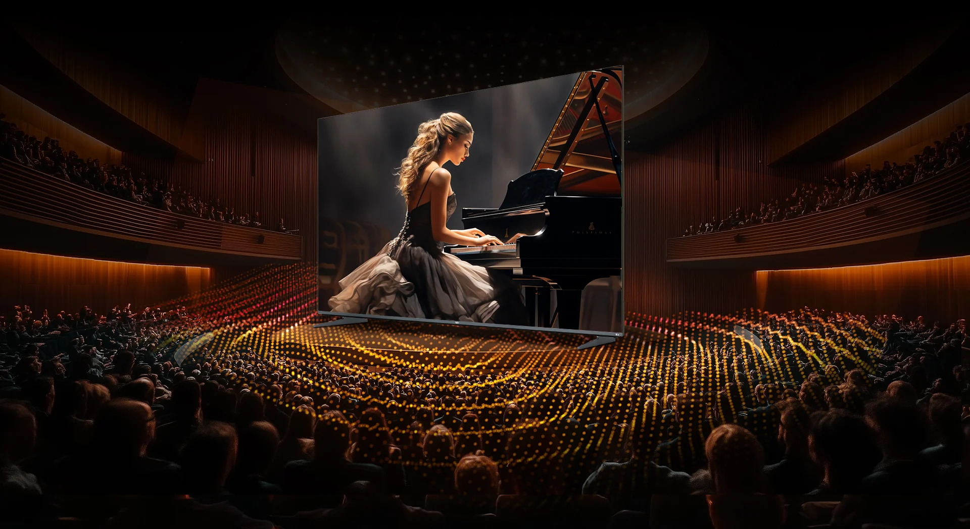 Auditorium affollato di persone sedute mentre guarda un grande schermo che mostra un'immagine di una giovane donna al pianoforte, intento a suonare. Lo spazio è immerso in un'atmosfera calda con luci soffuse e accenti di colore arancione e rosso, creando un ambiente elegante e coinvolgente.