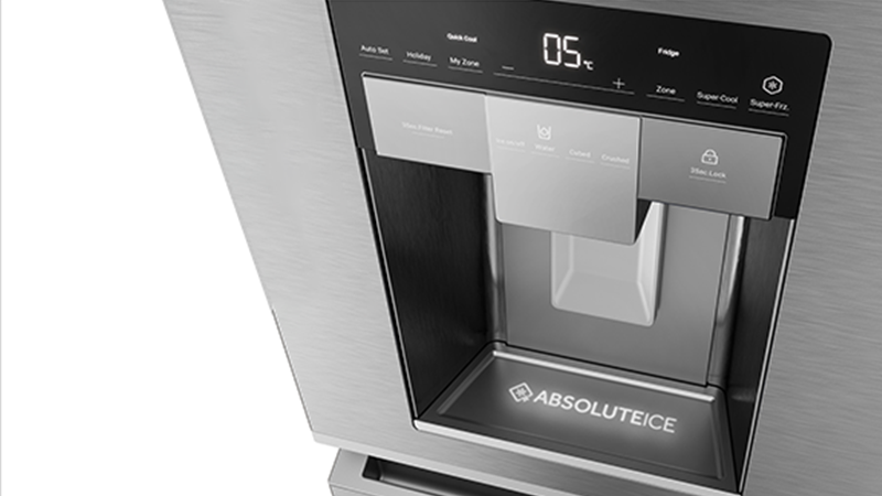 Focus su scompartimento del ghiaccio del frigorifero multiporta inox. Lo scompartimento si chiama "AbsoluteIce".