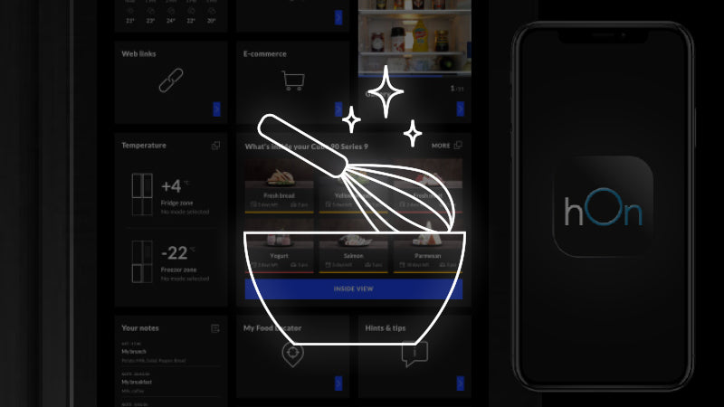 Schermo digitale con icona di ciotola e frusta, suggerisce funzioni smart per ricette o assistenza in cucina tramite app hOn