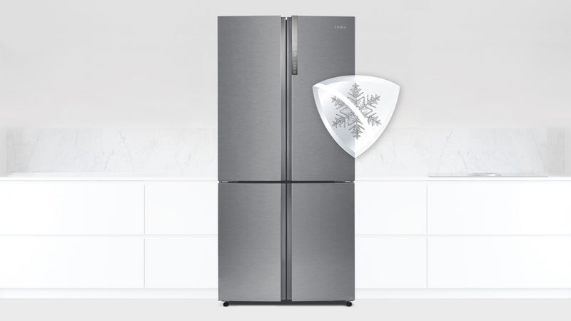 Frigorifero inox con sovrapposto badge e simbolo della congelazione
