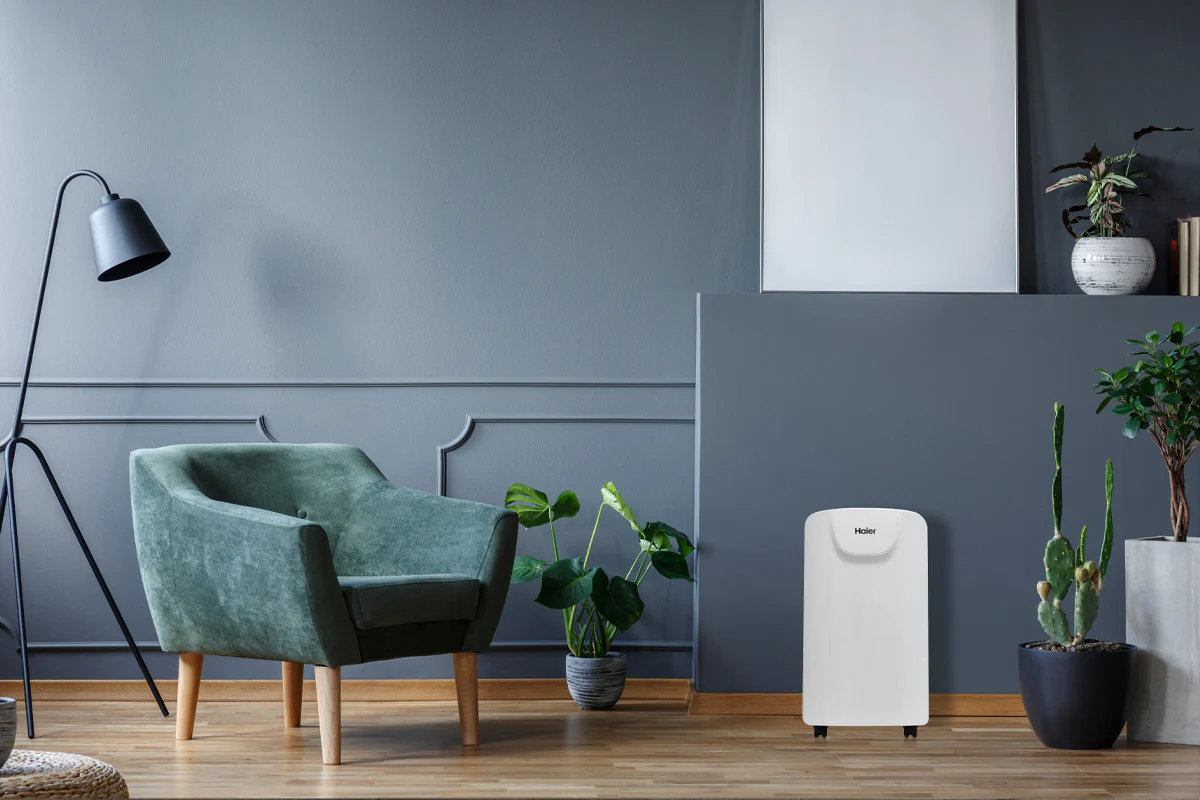 Deumidificatore inserito in un salotto con accanto una poltrona