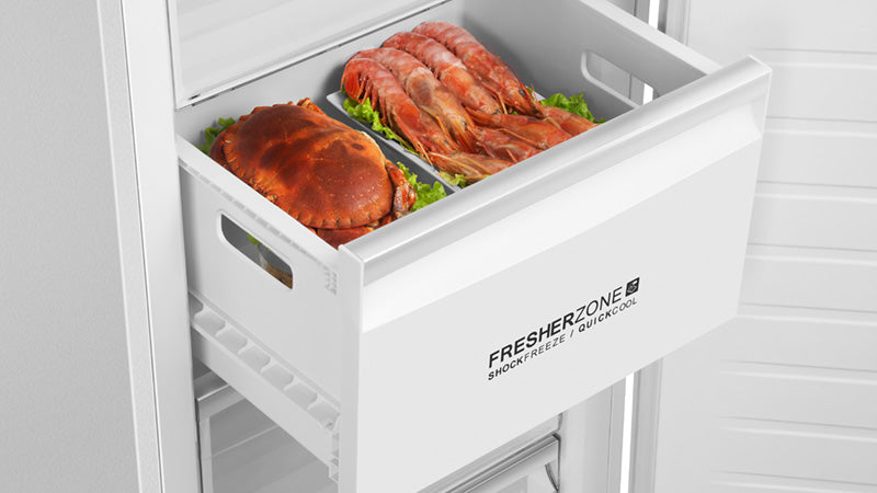 Focus cassetto del freezer "fresherzone". Il cassetto contiene pesce fresco.