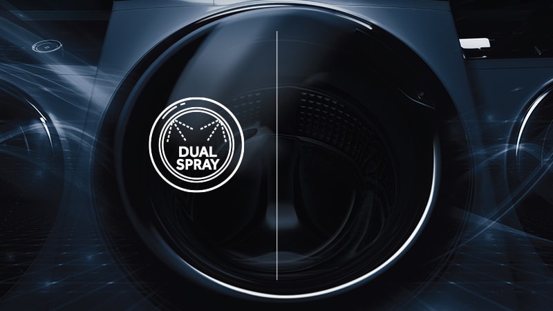 Focus sul cestello della lavatrice con sovrapposto il badge "dual spray". 