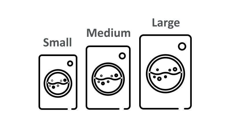 Icona washpass che rappresenta le tre dimensioni delle lavatrici di Haier: small, medium, large.