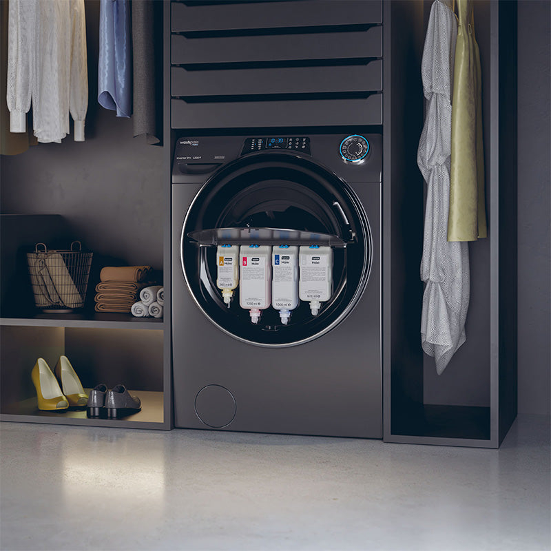 Lavatrice Haier con prodotti Nuncas® basati sull'innovativa Chimica Disaggregata, dosati separatamente per un maggior potere pulente.
