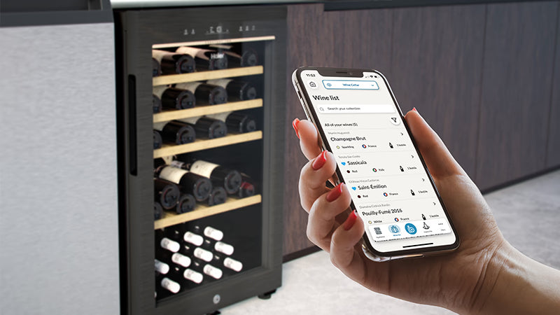 Focus su una mano femminile con in mano un telefono e sullo sfondo una cantinetta vino. Il telefono ha aperta l'app hon, in cui si possono vedere i vini inseriti all'interno della cantinetta e vedere altri dettagli e funzionalità. 