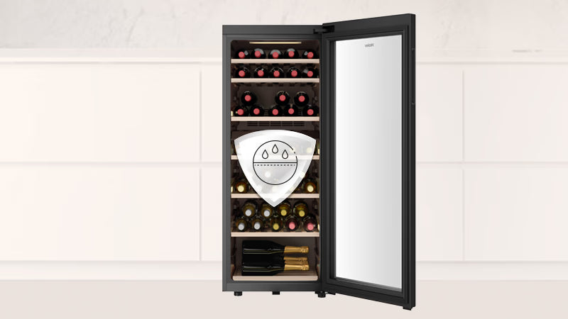 Cantinetta vino monotemperatura a cui è stato sovrapposto un badge con il simbolo dell'umidità.