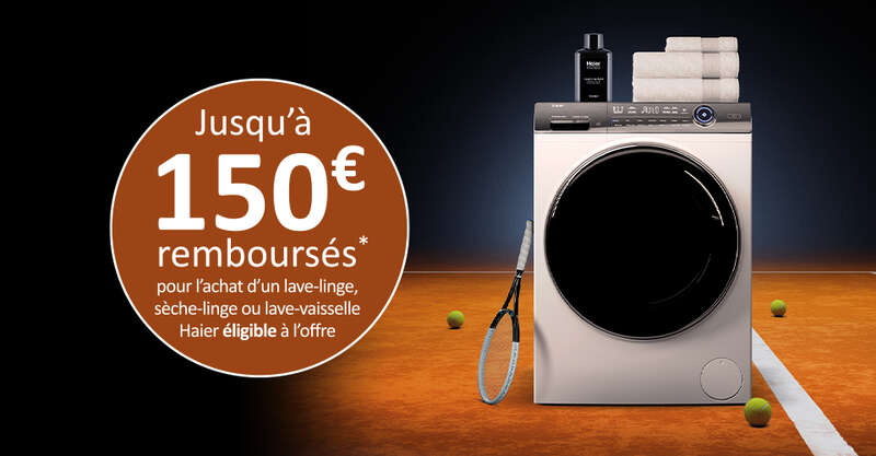 Jusqu’à 150€ remboursés pour l’achat d’un lave-linge, sèche-linge ou lave-vaisselle Haier éligible à l’offre.